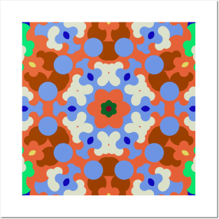 Retro Mandala Flower Orange Blue and Yellow Posters and Art